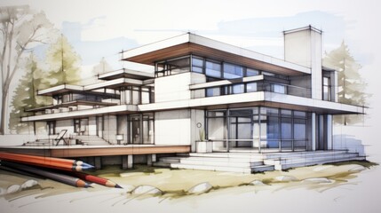 Architectural sketch of a 3D house - obrazy, fototapety, plakaty