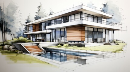 Architectural sketch of a 3D house - obrazy, fototapety, plakaty