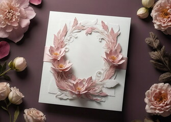 Wedding card mockup, wedding invitation, empty template,  blank postcard mockup,  greeting cards,   thank you cards, and floral elements top view on  dusty pink textured background. Copy space