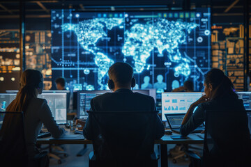 A cyber network defender collaborating with international cybersecurity teams over a secure video conference, sharing intelligence on emerging threats