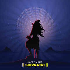 Hindu Mythology Lord Shiva Standing Over Mountain with Rounded Om Namah Shivaya Text On Blue Rays Background For Maha Shivratri Celebration Concept. - obrazy, fototapety, plakaty