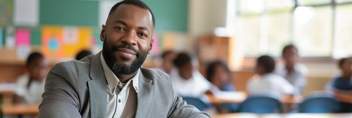 Confident African American Male Elementary School Teacher: Professional Banner Photo (Horizontal Large Format 3:1) with Empty Copy Space - obrazy, fototapety, plakaty