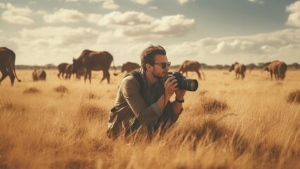 Professional wildlife photographer taking pictures of wild animals in the savannah. - obrazy, fototapety, plakaty