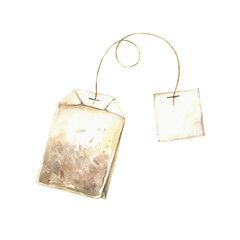 Watercolor drawing of a tea bag with a string. Illustration hand drawn on isolated background, suitable for menu design, packaging, poster, website, textile, invitation, brochure, textile.