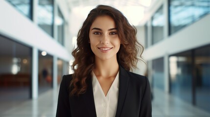 Smiling beautiful businesswoman holding tablet in modern office building