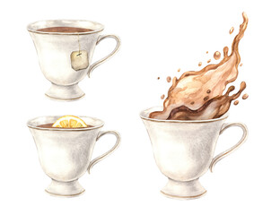 Watercolor set of mugs with different fillings, tea with splashes, tea with a slice of lemon. Illustration is hand drawn, suitable for menu design, packaging, poster, website, textile, invitation