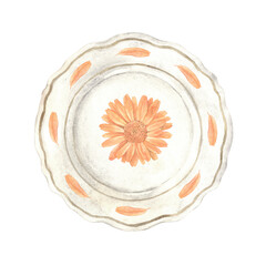 Vintage watercolor ceramic plate with orange marigold flower. The illustration is hand drawn on an isolated background. Drawing for menu design, packaging, poster website, textile invitations brochure