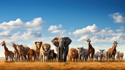 Large group of African animals Safari wild animals in the grassland, clear sky with clouds