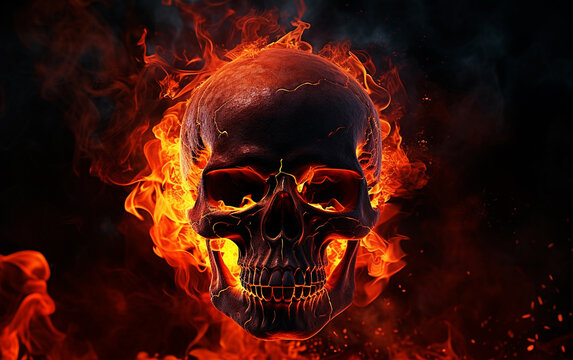 Hellfire Gaze: High Detail Close-Up of a Flaming Skull in Flames