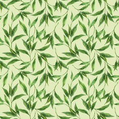 Watercolor pattern of fresh tea leaves on a green background. Hand drawn illustration on isolated background, suitable for menu design, packaging, poster, website, textile, invitation, ceramics