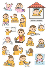 daily routine clip art collection where a girl is doing house work from day to night. 