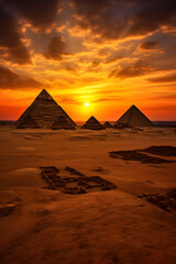 Naklejka premium Glorious Egyptian Pyramids Against a Setting Sun: Timeless Architectural Marvels Witnessing Eons