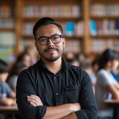 Confident Hispanic Male Elementary School Teacher: Professional Square Photo in Classroom Setting