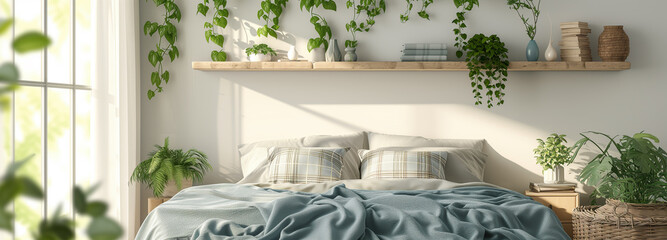 Light modern minimalist bedroom interrior with nature.Green power concept.