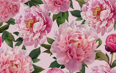 Hand drawn pink Peonies with watercolor texture