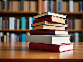 A stack of books rests neatly on the desk in the library.