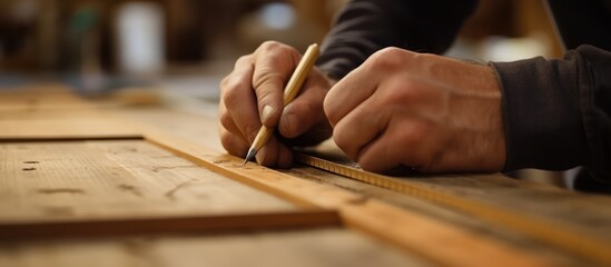 close up of craftsman hands measuring wooden planks and marking with pencil to make interior furniture - obrazy, fototapety, plakaty