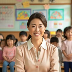 Smiling Japanese or Korean Female Elementary School Teacher: Professional Square Photo in Classroom Setting