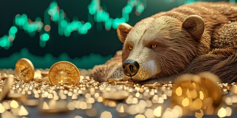 unhappy Bear laying down on gold coins with green trading graph background, Bear feeling sad when bullish divergence signal in stock and cryptocurrency trading market