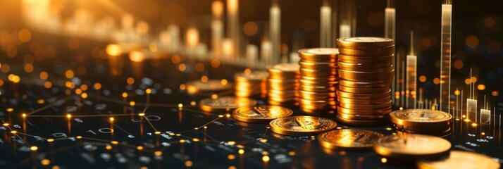 Stack of Gold Money Coins with Trading Graph Background. Growth Financial Data on  Business Investment Concept, World Economics, Financial Stock and Cryptocurrency Market Graph