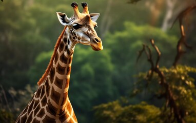 Realistic photo of Kordofan Giraffe or Giraffa camelopardalis antiquorum, with a green natural background. generative ai