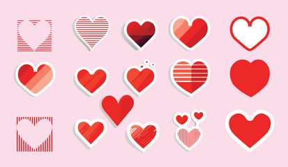 a 16 pieces collection of flat stiicker red heart vector illustration Pink background, set of hearts, set of icons,,