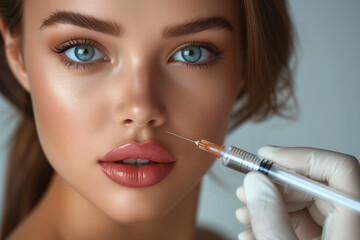 syringe botox injection aestethic skin care, woman injection botokx in lips