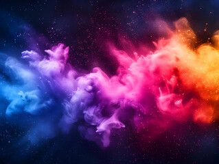 a cloud of colorful smoke, with red, orange, yellow, blue, and purple colors. The smoke is swirling against a black background with stars.