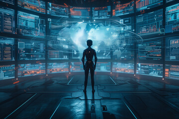 AI robot is standing in the data room that has many monitors visualizing data