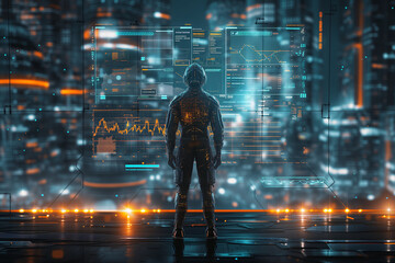 AI robot is standing in the data room that has many monitors visualizing data