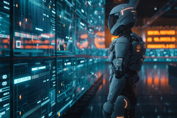 AI robot is standing in the data room that has many monitors visualizing data