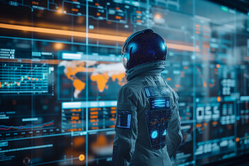 AI robot is standing in the data room that has many monitors visualizing data