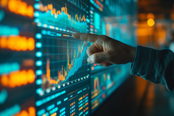 businessman hand pointing to stock market graph