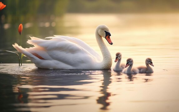 realistic photo Family of mute swans (Cygnus olor) with cygnets swimming together in the lake. generative ai