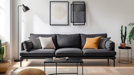 Modern living room interior with black sofa.