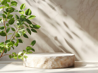 A white podium sits on a table in front of a leafy branch. The scene is bathed in sunlight.