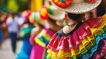 Beautiful young woman wearing traditional costume of mexican dancer in Mexico