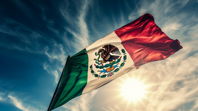 Mexican flag waving in the wind on blue sky with sun rays