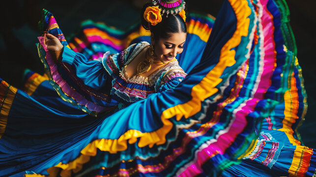 Beautiful young woman wearing traditional costume of mexican dancer in Mexico