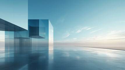 3d render of abstract futuristic glass architecture with empty concrete floor