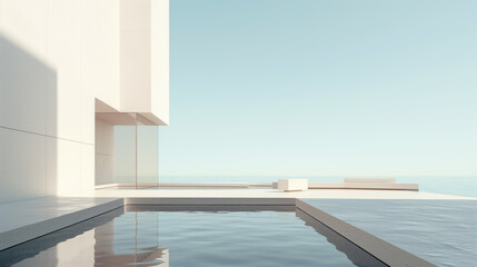 Minimalist white concrete and glass building reflecting the sky and water. Modern architecture and design. Background for web or print with copy space