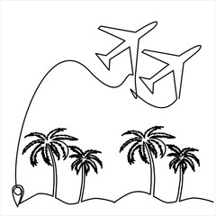 Continuous line drawing of Airplane line path vector icon of air plane flight route with start point and dash line trace - Vector illustration.