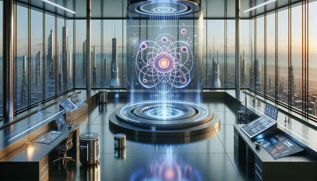 Futuristic proteomics lab with holographic proteome display in smart city.
