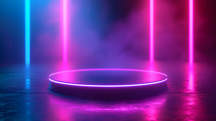 A dark room with a round platform lit by pink and blue neon lights.