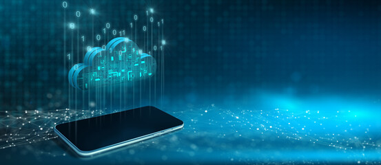 Cloud computing technology internet and binary code on smart phone with abstract background. Cloud Service and Cloud Storage on Mobile Concept. 3D render.