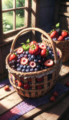 Fototapeta na wymiar Fresh and Juicy Berries in a woven basket: a Vibrant Still Life with Organic Fruits, Cherries, Cranberries, Currants, and More, Perfect for a Healthy and Sweet Summer Dessert