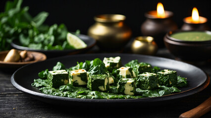 Picture a tempting plate of Palak Paneer placed on a sleek black wooden table with props like traditional Indian utensils or vibrant napkins to add cultural context