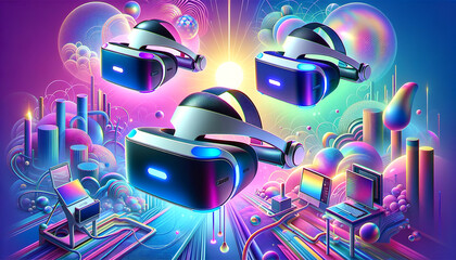 Collection of sleek, floating VR headsets in vibrant Pop Futurism composition.