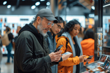An in-store product demonstrator showcasing the latest smartphone features to an interested group of customers in a tech store 