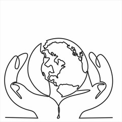 Continuous line drawing of hands holding Earth globe. Vector illustration isolated on white background